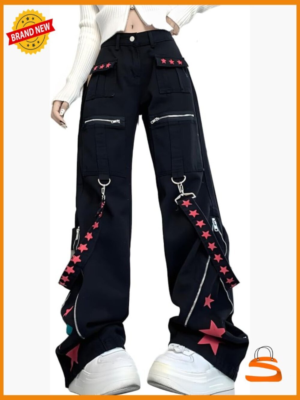 Y2K Grunge Goth High Waist Wide Leg Zipper Star Straps Trim Jeans Cargo Pants